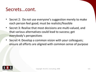 Secrets…cont.
• Secret 2: Do not use everyone’s suggestion merely to make
each person feel good; must be realistic/feasibl...