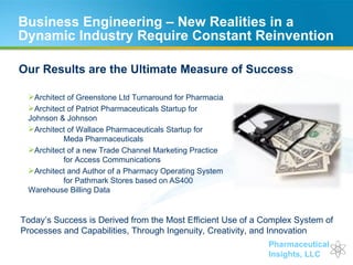 Business Engineering – New Realities in a Dynamic Industry Require Constant Reinvention Our Results are the Ultimate Measure of Success Architect of Greenstone Ltd Turnaround for Pharmacia Architect of Patriot Pharmaceuticals Startup for  Johnson & Johnson Architect of Wallace Pharmaceuticals Startup for  Meda Pharmaceuticals Architect of a new Trade Channel Marketing Practice  for Access Communications Architect and Author of a Pharmacy Operating System  for Pathmark Stores based on AS400  Warehouse Billing Data Today’s Success is Derived from the Most Efficient Use of a Complex System of Processes and Capabilities, Through Ingenuity, Creativity, and Innovation 