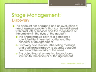 Stage Management:DiscoveryThe account has engaged and an evaluation of needs assesses problems that can be addressed with products or services and the magnitude of the problem in the eyes of the accountThis phase maps a path to a completed sale, identifies interested parties and the executor of an agreementDiscovery also re-orients the selling message and positioning strategy to address account needs and the severity of the needThe objective: set a meeting to produce a solution to the executor of the agreementJuly 21, 2011© 2011 The Bryden Group, LLC10
