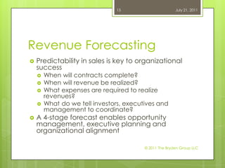 Revenue ForecastingPredictability in sales is key to organizational successWhen will contracts complete?When will revenue be realized?What expenses are required to realize revenues?What do we tell investors, executives and management to coordinate?A 4-stage forecast enables opportunity management, executive planning and organizational alignmentJuly 21, 2011© 2011 The Bryden Group LLC15