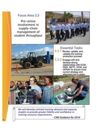 Focus Area 3.3
          Pro-active
        involvement in
         supply-chain
       management of
     student throughput



                                           Essential Tasks
                                       3.3.1 Review, update, and
                                               validate the training
                                               production process.
                                       3.3.2   Engage with and
                                               develop strong
                                               relationships with ECM,
                                               PMO, NETC, OCM, and
                                               OPNAV to ensure most
                                               current strategy and
                                               alignment are in place.




       We will develop enlisted training demand and capacity
       models to provide greater fidelity and confidence in
       training resource requirements.
                                       - CNO Guidance for 2010
16
 