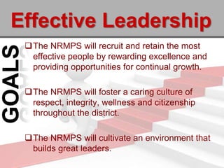 Effective Leadership
 The NRMPS will recruit and retain the most
  effective people by rewarding excellence and
  providing opportunities for continual growth.

 The NRMPS will foster a caring culture of
  respect, integrity, wellness and citizenship
  throughout the district.

 The NRMPS will cultivate an environment that
  builds great leaders.
 