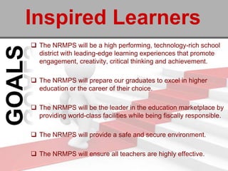 Inspired Learners
 The NRMPS will be a high performing, technology-rich school
  district with leading-edge learning experiences that promote
  engagement, creativity, critical thinking and achievement.

 The NRMPS will prepare our graduates to excel in higher
  education or the career of their choice.

 The NRMPS will be the leader in the education marketplace by
  providing world-class facilities while being fiscally responsible.

 The NRMPS will provide a safe and secure environment.

 The NRMPS will ensure all teachers are highly effective.
 