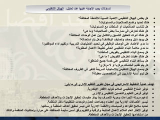 :‫تحليل‬ ‫عند‬ ‫عليها‬ ‫اإلجابة‬ ‫يجب‬ ‫تساؤالت‬
‫التنظيمي‬ ‫الهيكل‬
•
‫المختلفة؟‬ ‫لألنشطة‬ ‫النسبية‬ ‫االهمية‬ ‫التنظيمي‬ ‫الهيكل‬ ‫يعكس‬ ‫هل‬
•
‫والمسئوليات؟‬ ‫للصالحيات‬ ‫واضح‬ ‫تحديد‬ ‫هناك‬
•
‫المسئوليات؟‬ ‫مع‬ ‫السلطات‬ ‫أو‬ ‫الصالحيات‬ ‫تتناسب‬ ‫هل‬
•
‫هي؟‬ ‫وما‬ ‫الصالحيات؟‬ ‫بعض‬ ‫ممارسة‬ ‫في‬ ‫تعارض‬ ‫هناك‬ ‫هل‬
•
‫المختلفة؟‬ ‫الوحدات‬ ‫عمل‬ ‫بين‬ ‫والتكامل‬ ‫التنسيق‬ ‫لتحقيق‬ ‫أدوات‬ ‫هناك‬ ‫هل‬
•
‫دليل‬ ‫يوجد‬ ‫هل‬
‫وتصنيف‬ ‫وصف‬
‫استحداثه؟‬ ‫يتم‬ ‫وهل‬ ‫الوظائف؟‬
•
‫ا‬ ‫على‬ ‫االعتماد‬ ‫مدى‬ ‫ما‬
‫الوظيفي‬ ‫لوصف‬
‫في‬
‫التدريبية‬ ‫االحتياجات‬ ‫تحديد‬
‫و‬ ،
‫الموظفين؟‬ ‫أداء‬ ‫تقييم‬
•
‫المطلوبة؟‬ ‫األعمال‬ ‫لطبيعة‬ ‫الحالي‬ ‫التنظيمي‬ ‫البناء‬ ‫مالئمة‬ ‫مدى‬ ‫ما‬
•
‫السلطات؟‬ ‫بتفويض‬ ‫التنظيمي‬ ‫البناء‬ ‫يسمح‬ ‫هل‬
•
‫هي؟‬ ‫ما‬ ‫؟‬ ‫التفويض‬ ‫تعترض‬ ‫عقبات‬ ‫هناك‬ ‫هل‬
•
‫المناطق؟‬ ‫جميع‬ ‫خدمة‬ ‫على‬ ‫التنظيمي‬ ‫البناء‬ ‫يساعد‬ ‫هل‬
•
‫مركزي‬ ‫ال‬ ‫او‬ ‫مركزيا‬ ‫الخدمات‬ ‫تقديم‬ ‫يتم‬ ‫هل‬
‫؟‬
•
‫للتغير‬ ‫السريعة‬ ‫باالستجابة‬ ‫التنظيمي‬ ‫الهيكل‬ ‫يسمح‬ ‫هل‬
‫المختلفة‬ ‫الظروف‬ ‫في‬
‫؟‬
•
‫معقولة؟‬ ‫المتخصصين‬ ‫إلى‬ ‫اإلداريين‬ ‫نسبة‬ ‫تبدو‬ ‫هل‬
‫مجال‬ ‫في‬ ‫االستراتيجي‬ ‫التخطيط‬ ‫عملية‬ ‫تهدف‬
‫مجال‬ ‫في‬ ‫االستراتيجي‬ ‫التخطيط‬ ‫عملية‬ ‫تهدف‬
‫اإلداري‬ ‫التنظيم‬ ‫تطوير‬
‫اإلداري‬ ‫التنظيم‬ ‫تطوير‬
:‫يلي‬ ‫ما‬ ‫إلى‬
:‫يلي‬ ‫ما‬ ‫إلى‬
•
.‫االبتكارية‬ ‫األفكار‬ ‫لتوليد‬ ‫المالئم‬ ‫التنظيمي‬ ‫المناخ‬ ‫توفير‬
•
.‫واإلداري‬ ‫التنظيمي‬ ‫والتحسين‬ ‫التعليم‬ ‫فرص‬ ‫توفير‬
•
.‫المخططة‬ ‫واألهداف‬ ‫اإلنجازات‬ ‫تحقيق‬ ‫مقومات‬ ‫يوفر‬ ‫بما‬ ‫التصرف‬ ‫وحرية‬ ‫اإلجراءات‬ ‫مرونة‬ ‫تدعيم‬
•
.‫المنظمة‬ ‫داخل‬ ‫التنظيمية‬ ‫والوحدات‬ ‫العمل‬ ‫وجماعات‬ ‫أعضاء‬ ‫بين‬ ‫اإلدارية‬ ‫االتصاالت‬ ‫تيسير‬
•
.‫ورسالتها‬ ‫المنظمة‬ ‫أهداف‬ ‫تحقيق‬ ‫تيسر‬ ‫التي‬ ‫اإلدارية‬ ‫واألنظمة‬ ‫والسياسات‬ ‫القواعد‬ ‫مالمح‬ ‫تحديد‬
•
‫والتأكد‬ ‫المنظمة‬ ‫وإمكانيات‬ ‫موارد‬ ‫على‬ ‫للمحافظة‬ ‫سليمة‬ ‫أسس‬ ‫وفق‬ ‫والتقويم‬ ‫والرقابة‬ ‫المتابعة‬ ‫ألعمال‬ ‫المالئم‬ ‫العام‬ ‫اإلطار‬ ‫توفير‬
.‫المخططة‬ ‫واألهداف‬ ‫اإلنجازات‬ ‫لتحقيق‬ ‫استخدامها‬ ‫من‬
 