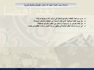 •
‫حركته؟‬ ‫وضبط‬ ‫األداء‬ ‫ترشيد‬ ‫في‬ ‫الحالية‬ ‫واللوائح‬ ‫األنظمة‬ ‫مساعدة‬ ‫مدى‬
•
‫المحددة؟‬ ‫واألهداف‬ ‫الخطط‬ ‫عن‬ ‫السالبة‬ ‫االنحرافات‬ ‫لمعالجة‬ ‫أنظمة‬ ‫توجد‬ ‫هل‬
•
‫المختلفة؟‬ ‫واللوائح‬ ‫النظم‬ ‫بين‬ ‫تداخل‬ ‫أو‬ ‫ازدواجية‬ ‫أو‬ ‫تعارض‬ ‫هناك‬ ‫هل‬
•
‫للعمل؟‬ ‫االقتصادي‬ ‫واألداء‬ ‫اإلنجاز‬ ‫سرعة‬ ‫تحقيق‬ ‫في‬ ‫الحالية‬ ‫النظم‬ ‫تساعد‬ ‫حد‬ ‫أي‬ ‫إلى‬
:‫تحليل‬ ‫عند‬ ‫عليها‬ ‫اإلجابة‬ ‫يجب‬ ‫تساؤالت‬
‫االدارية‬ ‫واألنماط‬ ‫الفلسفة‬
 