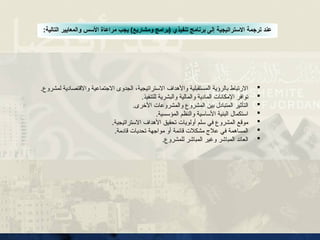 :‫التالية‬ ‫والمعايير‬ ‫األسس‬ ‫مراعاة‬ ‫يجب‬ )‫ومشاريع‬ ‫(برامج‬ ‫تنفيذي‬ ‫برنامج‬ ‫إلى‬ ‫االستراتيجية‬ ‫ترجمة‬ ‫عند‬

‫االستراتيجية‬ ‫واألهداف‬ ‫المستقبلية‬ ‫بالرؤية‬ ‫االرتباط‬
،
.‫لمشروع‬ ‫واالقتصادية‬ ‫االجتماعية‬ ‫الجدوى‬

.‫للتنفيذ‬ ‫والبشرية‬ ‫والمالية‬ ‫المادية‬ ‫اإلمكانات‬ ‫توافر‬

.‫األخرى‬ ‫والمشروعات‬ ‫المشروع‬ ‫بين‬ ‫المتبادل‬ ‫التأثير‬

.‫المؤسسية‬ ‫والنظم‬ ‫األساسية‬ ‫البنية‬ ‫استكمال‬

.‫االستراتيجية‬ ‫األهداف‬ ‫تحقيق‬ ‫أولويات‬ ‫سلم‬ ‫في‬ ‫المشروع‬ ‫موقع‬

.‫قادمة‬ ‫تحديات‬ ‫مواجهة‬ ‫أو‬ ‫قائمة‬ ‫مشكالت‬ ‫عالج‬ ‫في‬ ‫المساهمة‬

.‫للمشروع‬ ‫المباشر‬ ‫وغير‬ ‫المباشر‬ ‫العائد‬
 