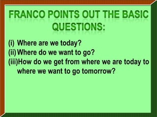 (i) Where are we today?
(ii) Where do we want to go?
(iii)How do we get from where we are today to
     where we want to go tomorrow?
 