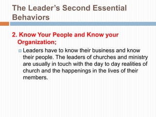 The Leader’s Third Essential
Behaviors
3. Insist on Realism;
   Realism  is the heart of execution, but many
   churches ...