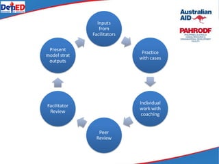 Inputs
from
Facilitators
Practice
with cases
Individual
work with
coaching
Peer
Review
Facilitator
Review
Present
model strat
outputs
 