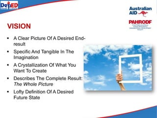 VISION
 A Clear Picture Of A Desired End-
result
 Specific And Tangible In The
Imagination
 A Crystallization Of What You
Want To Create
 Describes The Complete Result:
The Whole Picture
 Lofty Definition Of A Desired
Future State
 