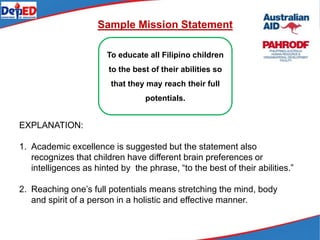 Sample Mission Statement
EXPLANATION:
1. Academic excellence is suggested but the statement also
recognizes that children have different brain preferences or
intelligences as hinted by the phrase, “to the best of their abilities.”
2. Reaching one’s full potentials means stretching the mind, body
and spirit of a person in a holistic and effective manner.
To educate all Filipino children
to the best of their abilities so
that they may reach their full
potentials.
 