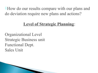 ¥How do our results compare with our plans and
do deviation require new plans and actions?
Level of Strategic Planning:
Organizational Level
Strategic Business unit
Functional Dept.
Sales Unit
 