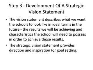 Step 3 - Development Of A Strategic 
Vision Statement 
• The vision statement describes what we want 
the schools to look like in ideal terms in the 
future - the results we will be achieving and 
characteristics the school will need to possess 
in order to achieve those results. 
• The strategic vision statement provides 
direction and inspiration for goal setting. 
 