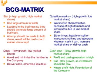 BCG-BCG-MATRIXMATRIX
Star (= high growth, high market
share)
 Use large amount of cash
 Leaders in the business so they
should generate large amount of
business.
 Attempt should be made to hold
share, result will be cash cow if
market share kept
Question marks – (high growth, low
market share)
 Worst cash characteristics,
because of high demands and
low returns due to low market
share.
 Either invest heavily or sell or
investment nothing and generate
whatever cash it can. Increase
market share or deliver cash
Dogs – (low growth, low market
share)
 Avoid and minimise the number in
the Company
 Deliver cash, otherwise liquidate.
Cash cow – (slow growth, high
market share)
 Profit and cash generation is high
 But, slow growth, so investment
should be low.
 Keeps profit high. Foundation of
the Company
 