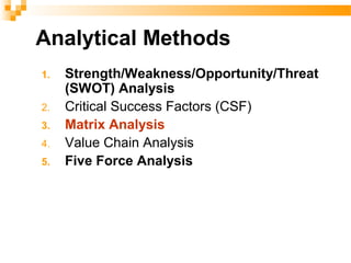 Analytical Methods
1. Strength/Weakness/Opportunity/Threat
(SWOT) Analysis
2. Critical Success Factors (CSF)
3. Matrix Analysis
4. Value Chain Analysis
5. Five Force Analysis
 