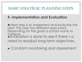 BASIC STRATEGIC PLANNING STEPS
►Evaluation is done to see if there’s a
need to readjust long-term objectives.
4. Implementation and Evaluation
► Constant monitoring and assessment
►Next step is to implement and evaluate the
plan. This step has different executions
depending on the goals a school wants to
achieve.
 