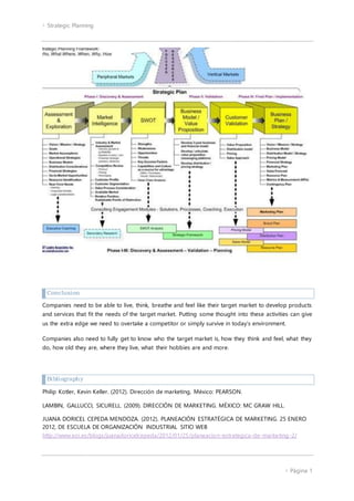  Strategic Planning
 Página 1
Conclusion
Companies need to be able to live, think, breathe and feel like their target market to develop products
and services that fit the needs of the target market. Putting some thought into these activities can give
us the extra edge we need to overtake a competitor or simply survive in today’s environment.
Companies also need to fully get to know who the target market is, how they think and feel, what they
do, how old they are, where they live, what their hobbies are and more.
Bibliography
Philip Kotler, Kevin Keller. (2012). Dirección de marketing, México: PEARSON.
LAMBIN, GALLUCCI, SICURELL. (2009). DIRECCIÓN DE MARKETING. MÉXICO: MC GRAW HILL.
JUANA DORICEL CEPEDA MENDOZA. (2012). PLANEACIÓN ESTRATÉGICA DE MARKETING. 25 ENERO
2012, DE ESCUELA DE ORGANIZACIÓN INDUSTRIAL SITIO WEB
http://www.eoi.es/blogs/juanadoricelcepeda/2012/01/25/planeacion-estrategica-de-marketing-2/
 