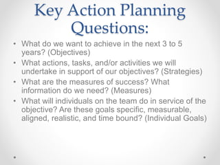 Key Action Planning
Questions:
• What do we want to achieve in the next 3 to 5
years? (Objectives)
• What actions, tasks, and/or activities we will
undertake in support of our objectives? (Strategies)
• What are the measures of success? What
information do we need? (Measures)
• What will individuals on the team do in service of the
objective? Are these goals specific, measurable,
aligned, realistic, and time bound? (Individual Goals)
 