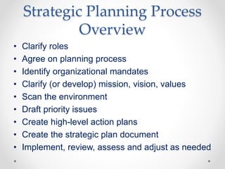 Strategic Planning Process
Overview
• Clarify roles
• Agree on planning process
• Identify organizational mandates
• Clarify (or develop) mission, vision, values
• Scan the environment
• Draft priority issues
• Create high-level action plans
• Create the strategic plan document
• Implement, review, assess and adjust as needed
 