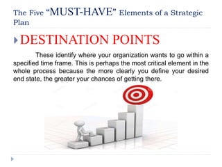 The Five “MUST-HAVE” Elements of a Strategic
Plan
DESTINATION POINTS
These identify where your organization wants to go within a
specified time frame. This is perhaps the most critical element in the
whole process because the more clearly you define your desired
end state, the greater your chances of getting there.
 