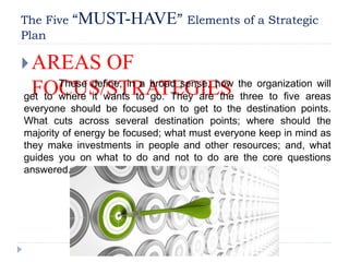 The Five “MUST-HAVE” Elements of a Strategic
Plan
AREAS OF
FOCUS/STRATEGIESThese define, in a broad sense, how the organization will
get to where it wants to go. They are the three to five areas
everyone should be focused on to get to the destination points.
What cuts across several destination points; where should the
majority of energy be focused; what must everyone keep in mind as
they make investments in people and other resources; and, what
guides you on what to do and not to do are the core questions
answered.
 