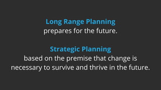 Long Range Planning
prepares for the future.
Strategic Planning
based on the premise that change is
necessary to survive and thrive in the future.
 