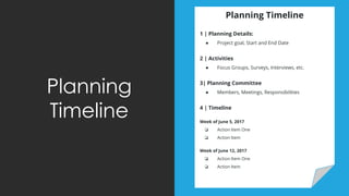 Planning Timeline
1 | Planning Details:
● Project goal, Start and End Date
2 | Activities
● Focus Groups, Surveys, Interviews, etc.
3| Planning Committee
● Members, Meetings, Responsibilities
4 | Timeline
Week of June 5, 2017
❏ Action Item One
❏ Action Item
Week of June 12, 2017
❏ Action Item One
❏ Action Item
Planning
Timeline
 