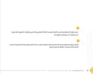 30‫فاعلة‬ ‫إستراتيجية‬ ‫خطة‬ ‫لبناء‬ ‫المنظمة‬ ‫الرئيسية‬ ‫القواعد‬ - ‫اإلستراتيجي‬ ‫التخطيط‬ ‫دليل‬
3
‫نوعية‬ ‫نقلة‬ ‫لتحقيق‬ ‫والشركاء‬ ‫والداعمين‬ ‫العاملين‬ ‫لكافة‬ ‫الرئيسي‬ ‫االلهام‬ ‫مصدر‬ ‫االستراتيجية‬ ‫الرؤية‬ ‫تعتبر‬
.‫المؤسسة‬ ‫وإنجازات‬ ‫أداء‬ ‫مستوى‬ ‫في‬
4
‫يتعدى‬ ‫ال‬ ‫وبما‬ ‫السابقة‬ ‫الرئيسية‬ ‫العناصر‬ ‫على‬ ‫تحتوى‬ ‫احترافي‬ ‫بشكل‬ ‫مصاغة‬ ‫كجملة‬ ‫االستراتيجية‬ ‫الرؤية‬ ‫تتشكل‬
. ‫الجميع‬ ‫قبل‬ ‫من‬ ‫حفظها‬ ‫ليتسنى‬ ‫كلمات‬ ‫العشر‬
���� 2.indd 30 5/9/16 10:53 AM
 