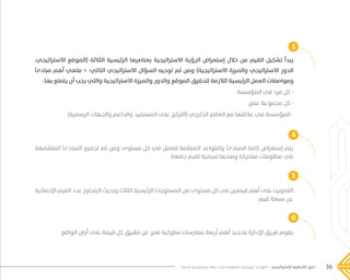 36‫فاعلة‬ ‫إستراتيجية‬ ‫خطة‬ ‫لبناء‬ ‫المنظمة‬ ‫الرئيسية‬ ‫القواعد‬ - ‫اإلستراتيجي‬ ‫التخطيط‬ ‫دليل‬
،‫االستراتيجي‬ ‫(الموقع‬ ‫الثالثة‬ ‫الرئيسية‬ ‫بعناصرها‬ ‫االستراتيجية‬ ‫الرؤية‬ ‫إستعراض‬ ‫خالل‬ ‫من‬ ‫القيم‬ ‫تشكيل‬ ‫يبدأ‬
‫مبادئ‬ ‫أهم‬ ‫ماهي‬ « :‫التالي‬ ‫االستراتيجي‬ ‫السؤال‬ ‫توجيه‬ ‫ثم‬ ‫ومن‬ )‫االستراتيجية‬ ‫والميزة‬ ‫االستراتيجي‬ ‫الدور‬
:‫بها‬ ‫يتمتع‬ ‫أن‬ ‫يجب‬ ‫والتي‬ ‫االستراتيجية‬ ‫والميزة‬ ‫والدور‬ ‫الموقع‬ ‫لتحقيق‬ ‫الالزمة‬ ‫الرئيسية‬ ‫العمل‬ ‫ومواصفات‬
‫المؤسسة‬ ‫في‬ ‫فرد‬ ‫كل‬ -
‫عمل‬ ‫مجموعة‬ ‫كل‬ -
)‫الرسمية‬ ‫والجهات‬ ‫والداعم‬ ‫المستفيد‬ ‫على‬ ‫(التركيز‬ ‫الخارجي‬ ‫العالم‬ ‫مع‬ ‫عالقتها‬ ‫في‬ ‫المؤسسة‬ -
3
4
5
6
‫المتشابهة‬ ‫المبادئ‬ ‫تجميع‬ ‫ثم‬ ‫ومن‬ ‫مستوى‬ ‫كل‬ ‫في‬ ‫للعمل‬ ‫المنظمة‬ ‫والقواعد‬ ‫المبادئ‬ ‫كافة‬ ‫إستعراض‬ ‫يتم‬
‫جامعة‬ ‫لقيم‬ ‫تسمية‬ ‫ومنحها‬ ‫مشتركة‬ ‫منظومات‬ ‫في‬
‫اإلجمالية‬ ‫القيم‬ ‫عدد‬ ‫اليتجاوز‬ ‫وبحيث‬ ‫الثالث‬ ‫الرئيسية‬ ‫المستويات‬ ‫من‬ ‫مستوى‬ ‫كل‬ ‫في‬ ‫قيمتين‬ ‫أهم‬ ‫على‬ ‫التصويت‬
‫قيم‬ ‫سبعة‬ ‫عن‬
‫الواقع‬ ‫أرض‬ ‫على‬ ‫قيمة‬ ‫كل‬ ‫تطبيق‬ ‫عن‬ ‫تعبر‬ ‫سلوكية‬ ‫ممارسات‬ ‫أربعة‬ ‫أهم‬ ‫بتحديد‬ ‫اإلدارة‬ ‫فريق‬ ‫يقوم‬
���� 2.indd 36 5/9/16 10:53 AM
 