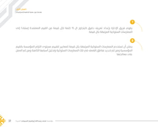 ‫اإلستراتيجي‬ ‫التخطيط‬ ‫عملية‬ ‫حول‬ ‫مقدمة‬
‫األول‬ ‫الفصل‬
‫الخيرية‬ ‫السبيعي‬ ‫إبراهيم‬ ‫وعبدالله‬ ‫محمد‬ ‫مؤسسة‬37
7
8
‫إلى‬ ‫إستنادا‬ ‫المعتمدة‬ ‫القيم‬ ‫من‬ ‫قيمة‬ ‫لكل‬ ‫كلمة‬ 15 ‫ال‬ ‫اليتجاوز‬ ‫دقيق‬ ‫تعريف‬ ‫بإعداد‬ ‫اإلدارة‬ ‫فريق‬ ‫يقوم‬
‫قيمة‬ ‫بكل‬ ‫المرتبطة‬ ‫السلوكية‬ ‫الممارسات‬
‫بالقيم‬ ‫المؤسسة‬ ‫التزام‬ ‫مستوى‬ ‫لتقييم‬ ‫كمعايير‬ ‫قيمة‬ ‫بكل‬ ‫المرتبطة‬ ‫السلوكية‬ ‫الممارسات‬ ‫تستخدم‬ ‫أن‬ ‫يمكن‬
‫العمل‬ ‫ثم‬ ‫ومن‬ ‫الكامنة‬ ‫أسبابها‬ ‫وتحليل‬ ‫السلوكية‬ ‫الممارسات‬ ‫تلك‬ ‫في‬ ‫الضعف‬ ‫مناطق‬ ‫تحديد‬ ‫ثم‬ ‫ومن‬ ‫المؤسسية‬
‫معالجتها‬ ‫على‬
���� 2.indd 37 5/9/16 10:53 AM
 
