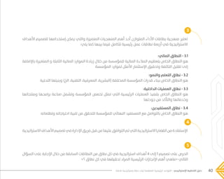 40‫فاعلة‬ ‫إستراتيجية‬ ‫خطة‬ ‫لبناء‬ ‫المنظمة‬ ‫الرئيسية‬ ‫القواعد‬ - ‫اإلستراتيجي‬ ‫التخطيط‬ ‫دليل‬
4
5
‫االستراتيجية‬‫األهداف‬‫تصميم‬‫في‬‫اإلدارة‬‫فريق‬‫قبل‬‫من‬‫عليها‬‫التوافق‬‫تم‬‫التي‬‫االستراتيجية‬‫القضايا‬‫من‬‫اإلستفادة‬
‫السؤال‬ ‫على‬ ‫اإلجابة‬ ‫خالل‬ ‫من‬ ‫السابقة‬ ‫النطاقات‬ ‫من‬ ‫نطاق‬ ‫كل‬ ‫في‬ ‫استراتيجية‬ ‫أهداف‬ 4 ‫إلى‬ 1 ‫تصميم‬ ‫على‬ ‫الحرص‬
»‫؟‬ ‫نطاق‬ ‫كل‬ ‫في‬ ‫تحقيقها‬ ‫المراد‬ ‫الرئيسية‬ ‫اإلنجازات‬ ‫أهم‬ ‫«ماهي‬ ‫التالي‬
:‫المالي‬ ‫النطاق‬ - 3.1
‫باإلضافة‬ ‫المتغيرة‬ ‫و‬ ‫الثابتة‬ ‫المالية‬ ‫الموارد‬ ‫زيادة‬ ‫خالل‬ ‫من‬ ‫للمؤسسة‬ ‫المالية‬ ‫المالءة‬ ‫بتعظيم‬ ‫الخاص‬ ‫النطاق‬ ‫هو‬
‫المؤسسة‬ ‫لموارد‬ ‫األمثل‬ ‫اإلستثمار‬ ‫وتحقيق‬ ‫التكلفة‬ ‫تقليل‬ ‫إلى‬
:‫والنمو‬ ‫التعلم‬ ‫نطاق‬ - 3.2
‫التحتية‬ ‫وبنيتها‬ )‫الخ‬ ،‫التقنية‬ ،‫المعرفية‬ ،‫(البشرية‬ ‫المختلفة‬ ‫المؤسسة‬ ‫قدرات‬ ‫ببناء‬ ‫الخاص‬ ‫النطاق‬ ‫هو‬
:‫الداخلية‬ ‫العمليات‬ ‫نطاق‬ - 3.3
‫ومنتجاتها‬ ‫برامجها‬ ‫صناعة‬ ‫وتشمل‬ ‫المؤسسة‬ ‫تخصص‬ ‫تمثل‬ ‫التي‬ ‫الرئيسية‬ ‫العمليات‬ ‫بتنفيذ‬ ‫الخاص‬ ‫النطاق‬ ‫هو‬
‫جودتها‬ ‫من‬ ‫والتأكد‬ ‫وخدماتها‬
:‫المستفيدين‬ ‫نطاق‬ - 3.4
‫وتطلعاته‬ ‫احتياجاته‬ ‫تلبية‬ ‫من‬ ‫للتحقق‬ ‫للمؤسسة‬ ‫النهائي‬ ‫المستفيد‬ ‫مع‬ ‫بالتواصل‬ ‫الخاص‬ ‫النطاق‬ ‫هو‬
3
‫األهداف‬ ‫لتصميم‬ ‫إستخدامها‬ ‫يمكن‬ ‫والتي‬ ‫المتميزة‬ ‫المنهجيات‬ ‫أهم‬ ‫أحد‬ ‫المتوازن‬ ‫األداء‬ ‫بطاقات‬ ‫منهجية‬ ‫تعتبر‬
:‫يلي‬ ‫كما‬ ‫بينها‬ ‫فيما‬ ‫تتكامل‬ ‫رئيسية‬ ‫عمل‬ ‫نطاقات‬ ‫أربعة‬ ‫في‬ ‫االستراتيجية‬
���� 2.indd 40 5/9/16 10:53 AM
 