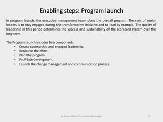 Enabling steps: Program launch
By Omar Abisaí Coronado Mondragón 15
In program launch, the executive management team plans the overall program. The role of senior
leaders is to stay engaged during this transformative initiative and to lead by example. The quality of
leadership in this period determines the success and sustainability of the scorecard system over the
long term.
The Program launch includes five components:
• Create sponsorship and engaged leadership.
• Resource the effort.
• Plan the program.
• Facilitate development.
• Launch the change management and communication process.
 