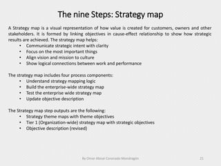 The nine Steps: Strategy map
By Omar Abisaí Coronado Mondragón 21
A Strategy map is a visual representation of how value is created for customers, owners and other
stakeholders. It is formed by linking objectives in cause-effect relationship to show how strategic
results are achieved. The strategy map helps:
• Communicate strategic intent with clarity
• Focus on the most important things
• Align vision and mission to culture
• Show logical connections between work and performance
The strategy map includes four process components:
• Understand strategy mapping logic
• Build the enterprise-wide strategy map
• Test the enterprise wide strategy map
• Update objective description
The Strategy map step outputs are the following:
• Strategy theme maps with theme objectives
• Tier 1 (Organization-wide) strategy map with strategic objectives
• Objective description (revised)
 