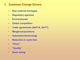 I. Customer Change Drivers
• Raw material shortages
• Regulatory agencies
• Environmental
• Global competition
• Trade agreements (NAFTA, GATT)
• Mergers/acquisitions
• Automation/technology
• Reduction in cycle time
• “Price”
• “Quality”
• Down sizing
 