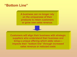 “Bottom Line”
A business can no longer rely
on the uniqueness of their
products to retain customers
or grow new sales revenue.
Customers will align their business with strategic
suppliers who understand their business and
bring a unique offering which adds value—
impacts their “bottom line” through increased
sales revenue or reduced costs
 