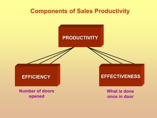 EFFICIENCY EFFECTIVENESS
PRODUCTIVITY
Number of doors
opened
What is done
once in door
Components of Sales Productivity
 
