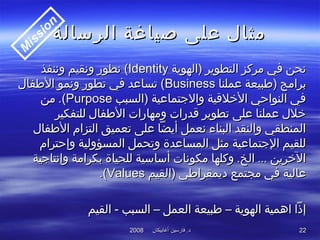 ‫أغابيكان‬ ‫فارسين‬ .‫د‬‫أغابيكان‬ ‫فارسين‬ .‫د‬20082008 2222
‫الرسالة‬ ‫صياغة‬ ‫على‬ ‫مثال‬‫الرسالة‬ ‫صياغة‬ ‫على‬ ‫مثال‬
‫)الهوية‬ ‫التطوير‬ ‫مركز‬ ‫في‬ ‫نحن‬‫)الهوية‬ ‫التطوير‬ ‫مركز‬ ‫في‬ ‫نحن‬IdentityIdentity‫وننفذ‬ ‫ونقيم‬ ‫نطور‬ (‫وننفذ‬ ‫ونقيم‬ ‫نطور‬ (
‫عملنا‬ ‫)طبيعة‬ ‫برامج‬‫عملنا‬ ‫)طبيعة‬ ‫برامج‬BusinessBusiness‫الطفال‬ ‫ونمو‬ ‫تطور‬ ‫في‬ ‫تساعد‬ (‫الطفال‬ ‫ونمو‬ ‫تطور‬ ‫في‬ ‫تساعد‬ (
‫)السبب‬ ‫والتجتماعية‬ ‫الخلقية‬ ‫النواحي‬ ‫في‬‫)السبب‬ ‫والتجتماعية‬ ‫الخلقية‬ ‫النواحي‬ ‫في‬PurposePurpose‫من‬ .(‫من‬ .(
‫للتفكير‬ ‫الطفال‬ ‫ومهارات‬ ‫قدرات‬ ‫تطوير‬ ‫على‬ ‫عملنا‬ ‫خلل‬‫للتفكير‬ ‫الطفال‬ ‫ومهارات‬ ‫قدرات‬ ‫تطوير‬ ‫على‬ ‫عملنا‬ ‫خلل‬
‫الطفال‬ ‫التزام‬ ‫تعميق‬ ‫على‬ ‫أيضا‬ ‫نعمل‬ ‫البناء‬ ‫والنقد‬ ‫المنطقي‬‫الطفال‬ ‫التزام‬ ‫تعميق‬ ‫على‬ ‫أيضا‬ ‫نعمل‬ ‫البناء‬ ‫والنقد‬ ‫المنطقي‬
‫وإحترام‬ ‫المسؤولية‬ ‫وتحمل‬ ‫المساعدة‬ ‫مثل‬ ‫التجتماعية‬ ‫للقيم‬‫وإحترام‬ ‫المسؤولية‬ ‫وتحمل‬ ‫المساعدة‬ ‫مثل‬ ‫التجتماعية‬ ‫للقيم‬
‫وإنتاتجية‬ ‫بكرامة‬ ‫للحياة‬ ‫أساسية‬ ‫مكونات‬ ‫وكلها‬ .‫الخ‬ ... ‫الخرين‬‫وإنتاتجية‬ ‫بكرامة‬ ‫للحياة‬ ‫أساسية‬ ‫مكونات‬ ‫وكلها‬ .‫الخ‬ ... ‫الخرين‬
‫)القيم‬ ‫ديمقراطي‬ ‫مجتمع‬ ‫في‬ ‫عالية‬‫)القيم‬ ‫ديمقراطي‬ ‫مجتمع‬ ‫في‬ ‫عالية‬ValuesValues.(.(
‫القيم‬ - ‫السبب‬ – ‫العمل‬ ‫طبيعة‬ – ‫الهوية‬ ‫اهمية‬ ‫إذا‬‫القيم‬ - ‫السبب‬ – ‫العمل‬ ‫طبيعة‬ – ‫الهوية‬ ‫اهمية‬ ‫إذا‬
M
ission
 