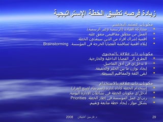 ‫أغابيكان‬ ‫فارسين‬ .‫د‬‫أغابيكان‬ ‫فارسين‬ .‫د‬20082008 2929
‫التستراتيجية‬ ‫الخطة‬ ‫تطبيق‬ ‫فرصه‬ ‫زيادة‬‫التستراتيجية‬ ‫الخطة‬ ‫تطبيق‬ ‫فرصه‬ ‫زيادة‬
‫التحضير‬ ‫عملية‬ ‫مكونات‬‫التحضير‬ ‫عملية‬ ‫مكونات‬
.(‫الرتسمية‬ ‫وغير‬ ‫)الرتسمية‬ ‫القيادة‬ ‫مشاركة‬.(‫الرتسمية‬ ‫وغير‬ ‫)الرتسمية‬ ‫القيادة‬ ‫مشاركة‬
.‫عليه‬ ‫متفق‬ ‫مفاهيمي‬ ‫منطلق‬ ‫من‬ ‫العمل‬.‫عليه‬ ‫متفق‬ ‫مفاهيمي‬ ‫منطلق‬ ‫من‬ ‫العمل‬
.‫الخطة‬ ‫تسينفذون‬ ‫الذين‬ ‫من‬ ‫أتفراد‬ ‫إشراك‬ ‫أهمية‬.‫الخطة‬ ‫تسينفذون‬ ‫الذين‬ ‫من‬ ‫أتفراد‬ ‫إشراك‬ ‫أهمية‬
.‫المؤتسسة‬ ‫تفي‬ ‫الحرجة‬ ‫القضايا‬ ‫لمناقشة‬ ‫أهمية‬ ‫إيل ء‬.‫المؤتسسة‬ ‫تفي‬ ‫الحرجة‬ ‫القضايا‬ ‫لمناقشة‬ ‫أهمية‬ ‫إيل ء‬BrainstormingBrainstorming
‫بالمحتوى‬ ‫علقة‬ ‫ذات‬ ‫مكونات‬‫بالمحتوى‬ ‫علقة‬ ‫ذات‬ ‫مكونات‬
.‫والخارجية‬ ‫الداخلية‬ ‫القضايا‬ ‫إلى‬ ‫التطرق‬.‫والخارجية‬ ‫الداخلية‬ ‫القضايا‬ ‫إلى‬ ‫التطرق‬
.‫التفاصيل‬ ‫أدق‬ ‫تفي‬ ‫تدخل/ي‬ ‫ل‬.‫التفاصيل‬ ‫أدق‬ ‫تفي‬ ‫تدخل/ي‬ ‫ل‬
.‫والحقيقة‬ ‫الحلم‬ ‫بين‬ ‫ما‬ ‫توازن‬ ‫إيجاد‬.‫والحقيقة‬ ‫الحلم‬ ‫بين‬ ‫ما‬ ‫توازن‬ ‫إيجاد‬
.‫البسيطة‬ ‫والمفاهيم‬ ‫اللغة‬ ‫ابقي‬.‫البسيطة‬ ‫والمفاهيم‬ ‫اللغة‬ ‫ابقي‬
‫بالتستخدام‬ ‫علقة‬ ‫ذات‬ ‫مكونات‬‫بالتستخدام‬ ‫علقة‬ ‫ذات‬ ‫مكونات‬
.(‫القرار‬ ‫لصنع‬ ‫)إتسترشاد‬ ‫إدارة‬ ‫كأداه‬ ‫الخطة‬ ‫إتستخدام‬.(‫القرار‬ ‫لصنع‬ ‫)إتسترشاد‬ ‫إدارة‬ ‫كأداه‬ ‫الخطة‬ ‫إتستخدام‬
.‫اليومية‬ ‫الدارة‬ ‫نشاطات‬ ‫تفي‬ ‫الخطة‬ ‫مكونات‬ ‫أدخل/ي‬.‫اليومية‬ ‫الدارة‬ ‫نشاطات‬ ‫تفي‬ ‫الخطة‬ ‫مكونات‬ ‫أدخل/ي‬
.‫الخطة‬ ‫إطار‬ ‫تفي‬ ‫المؤتسسة‬ ‫عمل‬ ‫رتب/ي‬.‫الخطة‬ ‫إطار‬ ‫تفي‬ ‫المؤتسسة‬ ‫عمل‬ ‫رتب/ي‬PrioritiesPriorities
.‫وتقييم‬ ‫متابعة‬ ‫خطة‬ ‫إيجاد‬ ‫ـ‬ ‫مواز‬ ‫بشكل‬.‫وتقييم‬ ‫متابعة‬ ‫خطة‬ ‫إيجاد‬ ‫ـ‬ ‫مواز‬ ‫بشكل‬
 