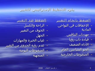 ‫أغابيكان‬ ‫فارسين‬ .‫د‬‫أغابيكان‬ ‫فارسين‬ .‫د‬20082008 33
‫للتغيير‬ ‫الستراتيجي‬ ‫التخطيط‬ ‫يقود‬‫للتغيير‬ ‫الستراتيجي‬ ‫التخطيط‬ ‫يقود‬
‫التغيير‬ ‫ضد‬ ‫الضغط‬‫التغيير‬ ‫ضد‬ ‫الضغط‬
-‫والكسل‬ ‫الراحة‬‫والكسل‬ ‫الراحة‬
-‫التغيير‬ ‫من‬ ‫الخوف‬‫التغيير‬ ‫من‬ ‫الخوف‬
-‫الجهل‬‫الجهل‬
-‫والمهارات‬ ‫الخبرة‬ ‫غياب‬‫والمهارات‬ ‫الخبرة‬ ‫غياب‬
-‫التغيير‬ ‫من‬ ‫الجدوى‬ ‫رؤية‬ ‫عدم‬‫التغيير‬ ‫من‬ ‫الجدوى‬ ‫رؤية‬ ‫عدم‬
-‫اليومية‬ ‫الضغوطات‬‫اليومية‬ ‫الضغوطات‬
-‫العنجهية‬‫العنجهية‬
‫التغيير‬ ‫باتجاه‬ ‫الضغط‬‫التغيير‬ ‫باتجاه‬ ‫الضغط‬
-‫النواحي‬ ‫في‬ ‫الفخفاقات‬‫النواحي‬ ‫في‬ ‫الفخفاقات‬
‫المادية‬‫المادية‬
-‫التنافس‬ ‫مهددات‬‫التنافس‬ ‫مهددات‬
-‫رؤيا‬ ‫ذات‬ ‫قيادة‬‫رؤيا‬ ‫ذات‬ ‫قيادة‬
-‫الضعيف‬ ‫الداء‬‫الضعيف‬ ‫الداء‬
-‫العام‬ ‫السياسي‬ ‫الجو‬‫العام‬ ‫السياسي‬ ‫الجو‬
-‫الخارجية‬ ‫الضغوطات‬‫الخارجية‬ ‫الضغوطات‬
 