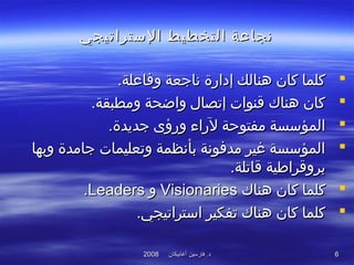 ‫أغابيكان‬ ‫فارسين‬ .‫د‬‫أغابيكان‬ ‫فارسين‬ .‫د‬20082008 66
‫الستراتيجي‬ ‫التخطيط‬ ‫نجاعة‬‫الستراتيجي‬ ‫التخطيط‬ ‫نجاعة‬
.‫وفاعلة‬ ‫ناجعة‬ ‫إدارة‬ ‫هنالك‬ ‫كان‬ ‫كلما‬.‫وفاعلة‬ ‫ناجعة‬ ‫إدارة‬ ‫هنالك‬ ‫كان‬ ‫كلما‬
.‫ومطبقة‬ ‫واضحة‬ ‫إتصال‬ ‫قنوات‬ ‫هناك‬ ‫كان‬.‫ومطبقة‬ ‫واضحة‬ ‫إتصال‬ ‫قنوات‬ ‫هناك‬ ‫كان‬
.‫جديدة‬ ‫ورؤى‬ ‫لراء‬ ‫مفتوحة‬ ‫المؤسسة‬.‫جديدة‬ ‫ورؤى‬ ‫لراء‬ ‫مفتوحة‬ ‫المؤسسة‬
‫وبها‬ ‫جامدة‬ ‫وتعليمات‬ ‫بأنظمة‬ ‫مدفونة‬ ‫غير‬ ‫المؤسسة‬‫وبها‬ ‫جامدة‬ ‫وتعليمات‬ ‫بأنظمة‬ ‫مدفونة‬ ‫غير‬ ‫المؤسسة‬
.‫قاتلة‬ ‫بروقراطية‬.‫قاتلة‬ ‫بروقراطية‬
‫هناك‬ ‫كان‬ ‫كلما‬‫هناك‬ ‫كان‬ ‫كلما‬VisionariesVisionaries‫و‬‫و‬LeadersLeaders..
.‫استراتيجي‬ ‫تفكير‬ ‫هناك‬ ‫كان‬ ‫كلما‬.‫استراتيجي‬ ‫تفكير‬ ‫هناك‬ ‫كان‬ ‫كلما‬
 