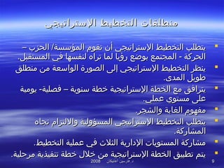 ‫أغابيكان‬ ‫فارسين‬ .‫د‬‫أغابيكان‬ ‫فارسين‬ .‫د‬20082008 99
‫الستراتيجي‬ ‫التخطيط‬ ‫منطلقات‬‫الستراتيجي‬ ‫التخطيط‬ ‫منطلقات‬
– ‫الحزب‬ /‫المؤسسة‬ ‫تقوم‬ ‫أن‬ ‫الستراتيجي‬ ‫التخطيط‬ ‫يتطلب‬– ‫الحزب‬ /‫المؤسسة‬ ‫تقوم‬ ‫أن‬ ‫الستراتيجي‬ ‫التخطيط‬ ‫يتطلب‬
.‫المستقبل‬ ‫في‬ ‫لنفسها‬ ‫تراه‬ ‫لما‬ ‫رؤيا‬ ‫بوضع‬ ‫المجتمع‬ - ‫الحركة‬.‫المستقبل‬ ‫في‬ ‫لنفسها‬ ‫تراه‬ ‫لما‬ ‫رؤيا‬ ‫بوضع‬ ‫المجتمع‬ - ‫الحركة‬
‫منطلق‬ ‫من‬ ‫الواسعة‬ ‫الصورة‬ ‫إلى‬ ‫الستراتيجي‬ ‫التخطيط‬ ‫ينظر‬‫منطلق‬ ‫من‬ ‫الواسعة‬ ‫الصورة‬ ‫إلى‬ ‫الستراتيجي‬ ‫التخطيط‬ ‫ينظر‬
.‫المدى‬ ‫طويل‬.‫المدى‬ ‫طويل‬
‫يومية‬ -‫فصلية‬ – ‫سنوية‬ ‫خطة‬ ‫الستراتيجية‬ ‫الخطة‬ ‫مع‬ ‫يترافق‬‫يومية‬ -‫فصلية‬ – ‫سنوية‬ ‫خطة‬ ‫الستراتيجية‬ ‫الخطة‬ ‫مع‬ ‫يترافق‬
.‫عملي‬ ‫مستوي‬ ‫على‬.‫عملي‬ ‫مستوي‬ ‫على‬
.‫والشجر‬ ‫الغابة‬ ‫مفهوم‬.‫والشجر‬ ‫الغابة‬ ‫مفهوم‬
‫تجاه‬ ‫واللتزام‬ ‫المسؤولية‬ ‫الستراتيجي‬ ‫التخطيط‬ ‫يتطلب‬‫تجاه‬ ‫واللتزام‬ ‫المسؤولية‬ ‫الستراتيجي‬ ‫التخطيط‬ ‫يتطلب‬
.‫المشاركة‬.‫المشاركة‬
.‫التخطيط‬ ‫عملية‬ ‫في‬ ‫الثل ث‬ ‫الادارية‬ ‫المستويات‬ ‫مشاركة‬.‫التخطيط‬ ‫عملية‬ ‫في‬ ‫الثل ث‬ ‫الادارية‬ ‫المستويات‬ ‫مشاركة‬
.‫مرحلية‬ ‫تنفيذية‬ ‫خطة‬ ‫خل ل‬ ‫من‬ ‫الستراتيجية‬ ‫الخطة‬ ‫تطبيق‬ ‫يتم‬.‫مرحلية‬ ‫تنفيذية‬ ‫خطة‬ ‫خل ل‬ ‫من‬ ‫الستراتيجية‬ ‫الخطة‬ ‫تطبيق‬ ‫يتم‬
 