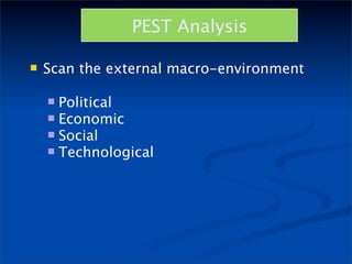 PEST Analysis

   Scan the external macro-environment

     Political
     Economic
     Social
     Technological
 