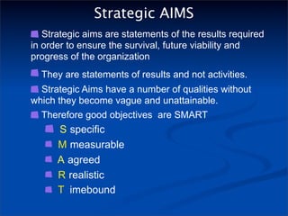 Strategic AIMS
   Strategic aims are statements of the results required
in order to ensure the survival, future viability and
progress of the organization
  They are statements of results and not activities.
  Strategic Aims have a number of qualities without
which they become vague and unattainable.
  Therefore good objectives are SMART
      S specific
      M measurable
      A agreed
      R realistic
      T imebound
 