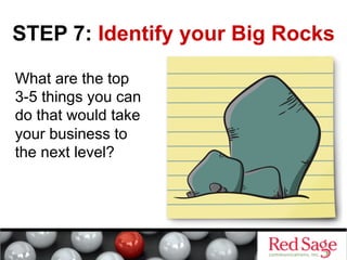 STEP 7: Identify your Big Rocks
What are the top
3-5 things you can
do that would take
your business to
the next level?

 