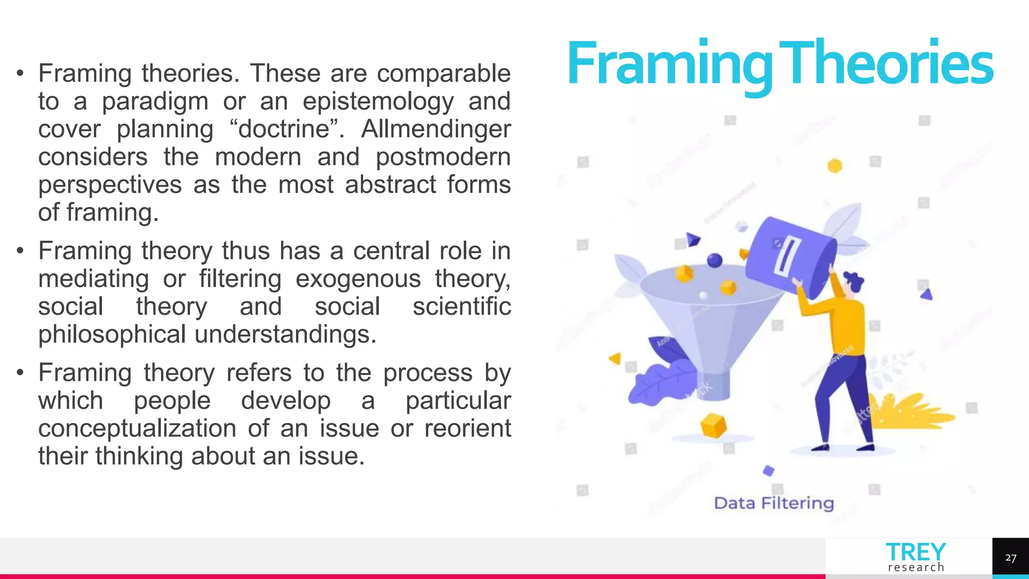 TREY
research
• Framing theories. These are comparable
to a paradigm or an epistemology and
cover planning “doctrine”. Allmendinger
considers the modern and postmodern
perspectives as the most abstract forms
of framing.
• Framing theory thus has a central role in
mediating or filtering exogenous theory,
social theory and social scientific
philosophical understandings.
• Framing theory refers to the process by
which people develop a particular
conceptualization of an issue or reorient
their thinking about an issue.
FramingTheories
27
 