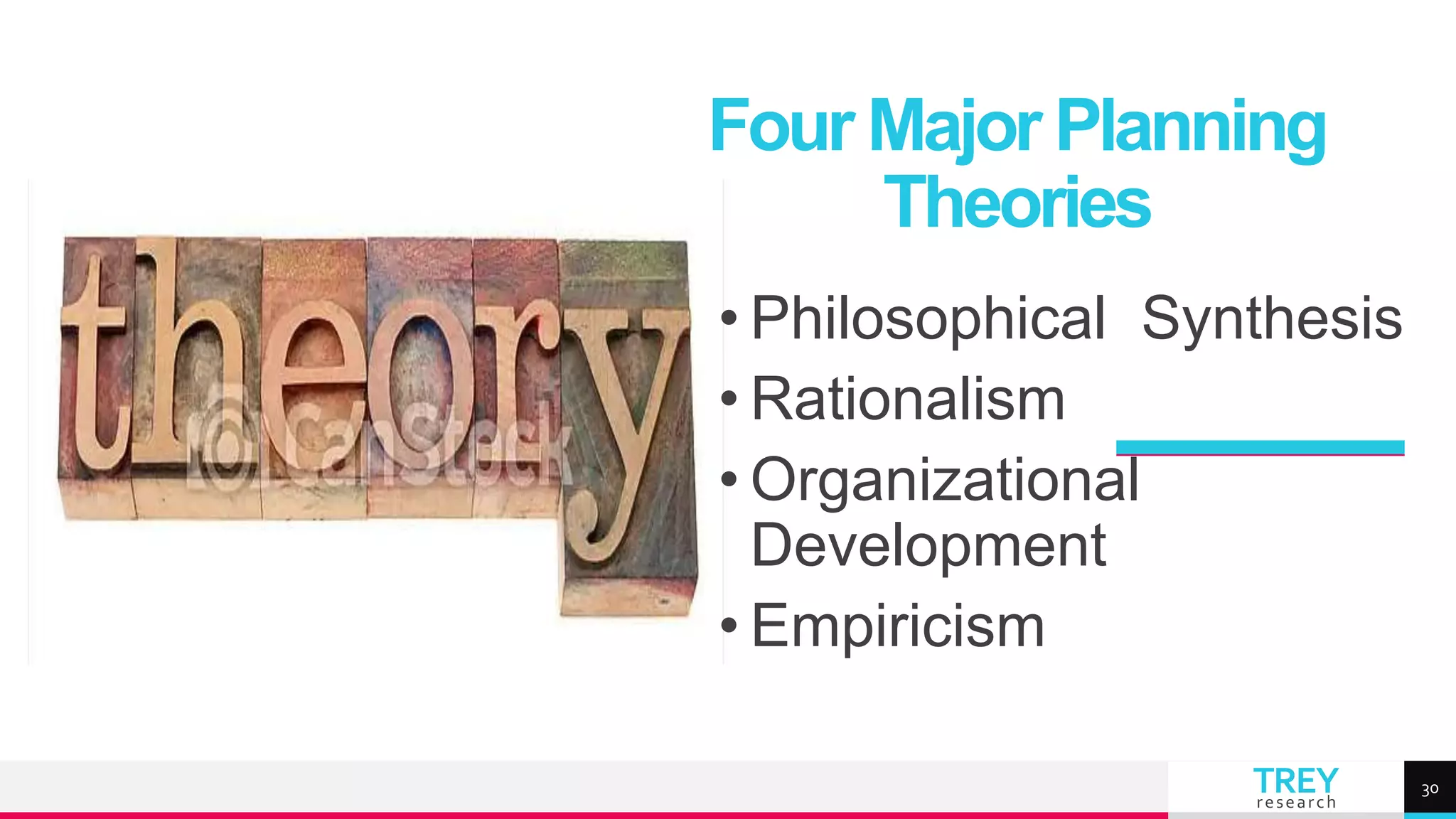 TREY
research
Four Major Planning
Theories
30
• Philosophical Synthesis
• Rationalism
• Organizational
Development
• Empiricism
 