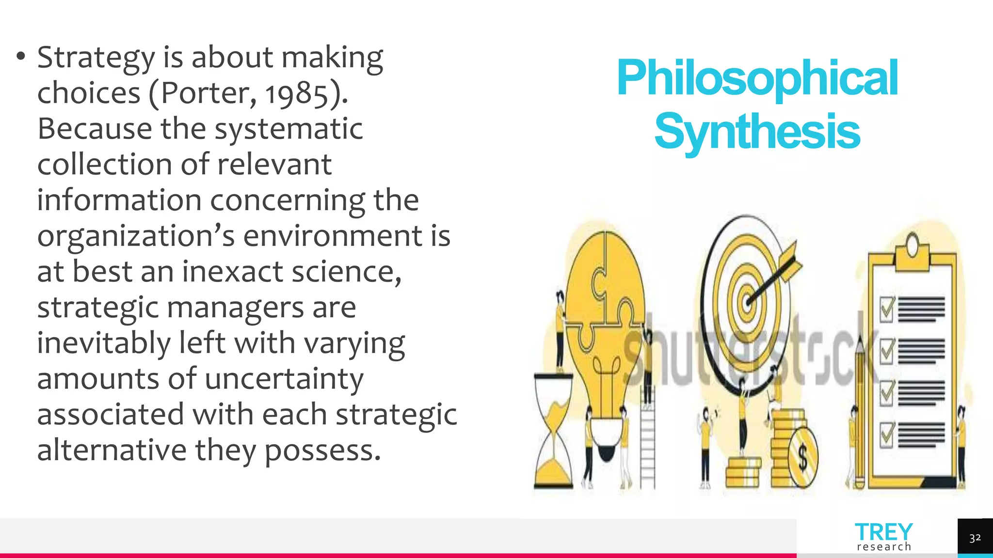 TREY
research
• Strategy is about making
choices (Porter, 1985).
Because the systematic
collection of relevant
information concerning the
organization’s environment is
at best an inexact science,
strategic managers are
inevitably left with varying
amounts of uncertainty
associated with each strategic
alternative they possess.
Philosophical
Synthesis
32
 