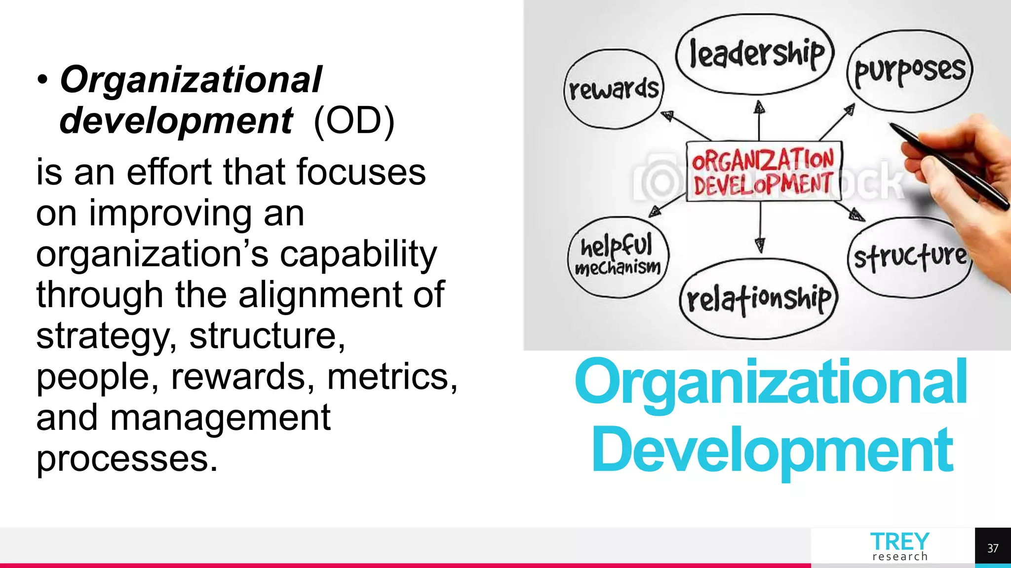 TREY
research
• Organizational
development (OD)
is an effort that focuses
on improving an
organization’s capability
through the alignment of
strategy, structure,
people, rewards, metrics,
and management
processes.
Organizational
Development
37
 