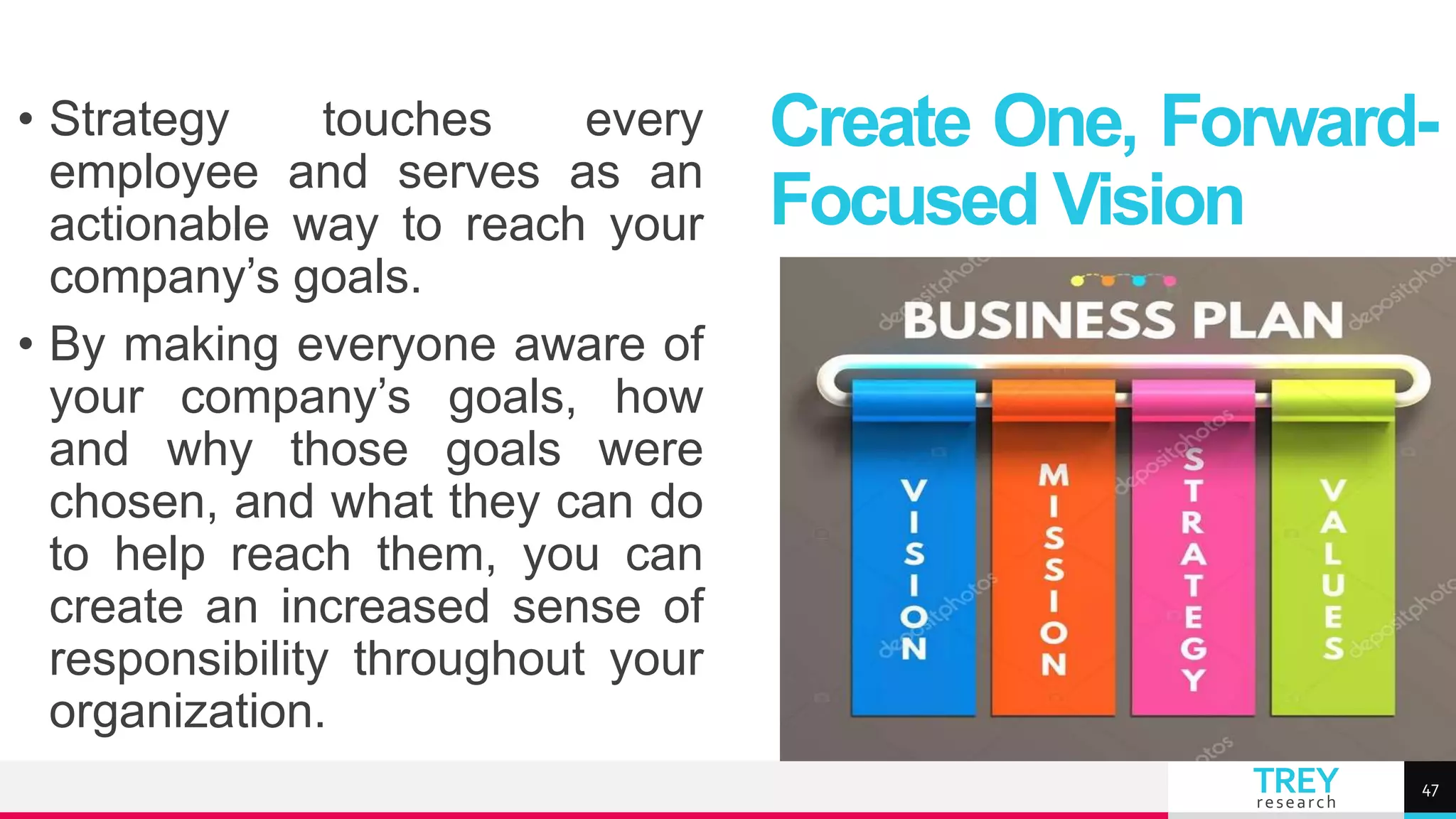 TREY
research
• Strategy touches every
employee and serves as an
actionable way to reach your
company’s goals.
• By making everyone aware of
your company’s goals, how
and why those goals were
chosen, and what they can do
to help reach them, you can
create an increased sense of
responsibility throughout your
organization.
Create One, Forward-
Focused Vision
47
 