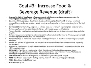 Goal #3:  Increase Food &  Beverage Revenue (draft) Strategy 3A: Within it’s physical infrastructure and with its community demographics, make the following determinations.  Take action when warranted.  Determine if HOA’s discount should be reduced or eliminated to offset Food & Beverage overhead.  Improve kitchen and server service – speed, courtesy, understanding of the menu, and receipt of the final check.  Develop additional marketing programs to address food and beverage's superior price, cost, and value. Review days/hours of operation to see if changes will increase usage or offset costs.  Format: Consider modifications and alternatives: bar and dining areas, sit down menu, window, and take-out, etc..  Review management oversight to determine additional work that can be done to effectively oversee food and beverage operations quality and service issues.  Review the effect of member & non-member event operations on all club food and beverage services to members.  Review and update, as appropriate, the efficiency & effectiveness of current point of service, reporting, etc. software. Address the compatibility of Food & Beverage financial/budget requirements against short and mid term HOA budget planning.  ACTION STEP:  Working in a partnership effort, the GM and the food and beverage operations management will take action to facilitate the completion of the aforementioned tasks. The Food and Beverage management is responsible for developing this action plan.  DEPENDENCIES:  Sufficient staffing level, Board and management support, budget. RISKS:  Insufficient resources for staffing, training material, software, and equipment needs.  TIME:  Completed end of fiscal year STATUS:  In progress 